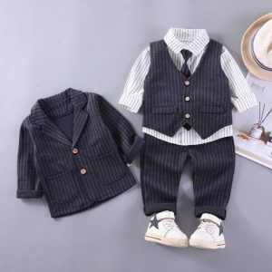 Baby Autumn Suit 2025 New Children's Korean Style Boys Autumn Suit Black Tie Suit Four-Piece Set