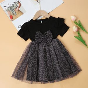 Girls Dress Summer Dress 2025 New Bow Leopard Print Princess Dress Cross-Border Children's Clothing Girls Dress New Style