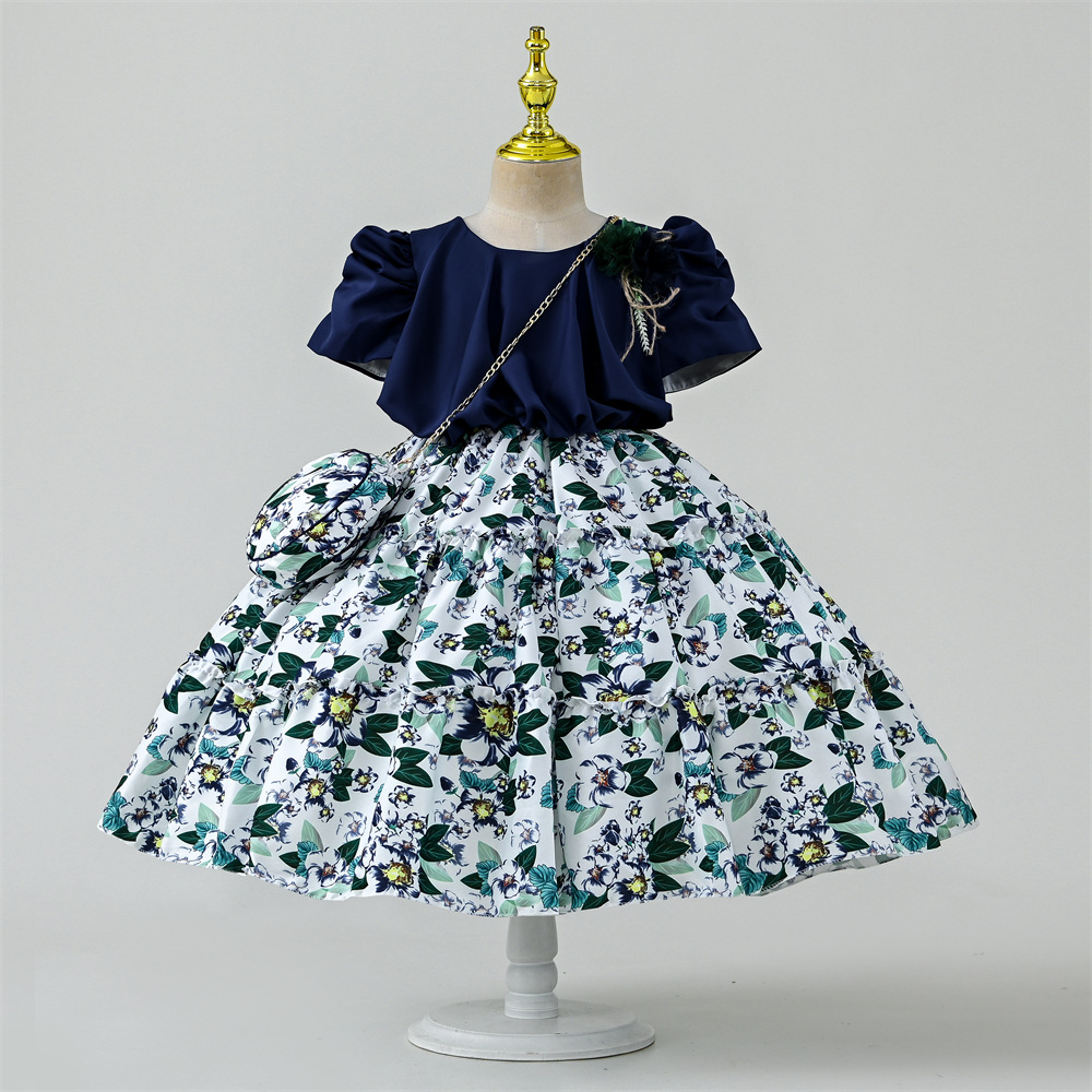 Girls' Dresses, Children's Clothing Wholesale, Girls' Catwalk Performance Clothes, Printed Short-Sleeved Children's Princess Dresses, Korean Style - Image 2