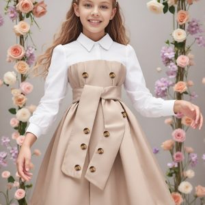 Middle and Large Children's Long-Sleeved Lapel Button Stitching Contrasting Dress