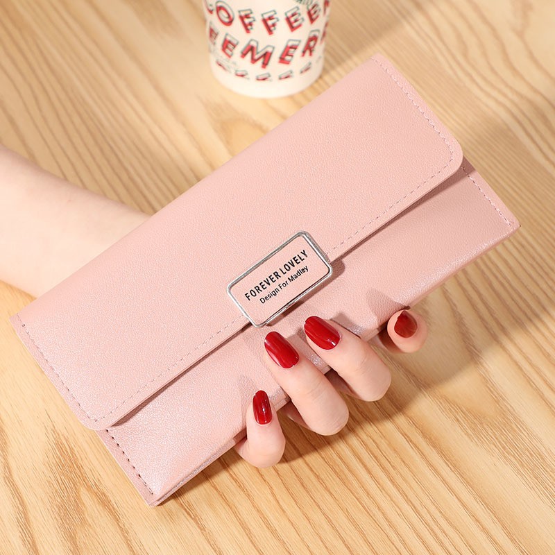 Korean Style Women's Wallet Clutch Solid Color Long Wallet with Buckle Multi-Card Slot Coin Purse