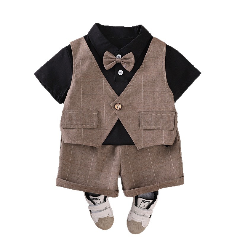 Boys Summer Plaid Bow Tie Vest Short-Sleeved Fashionable Baby Boy Casual Two-Piece Summer Boy and Kidsren Suit - Image 5