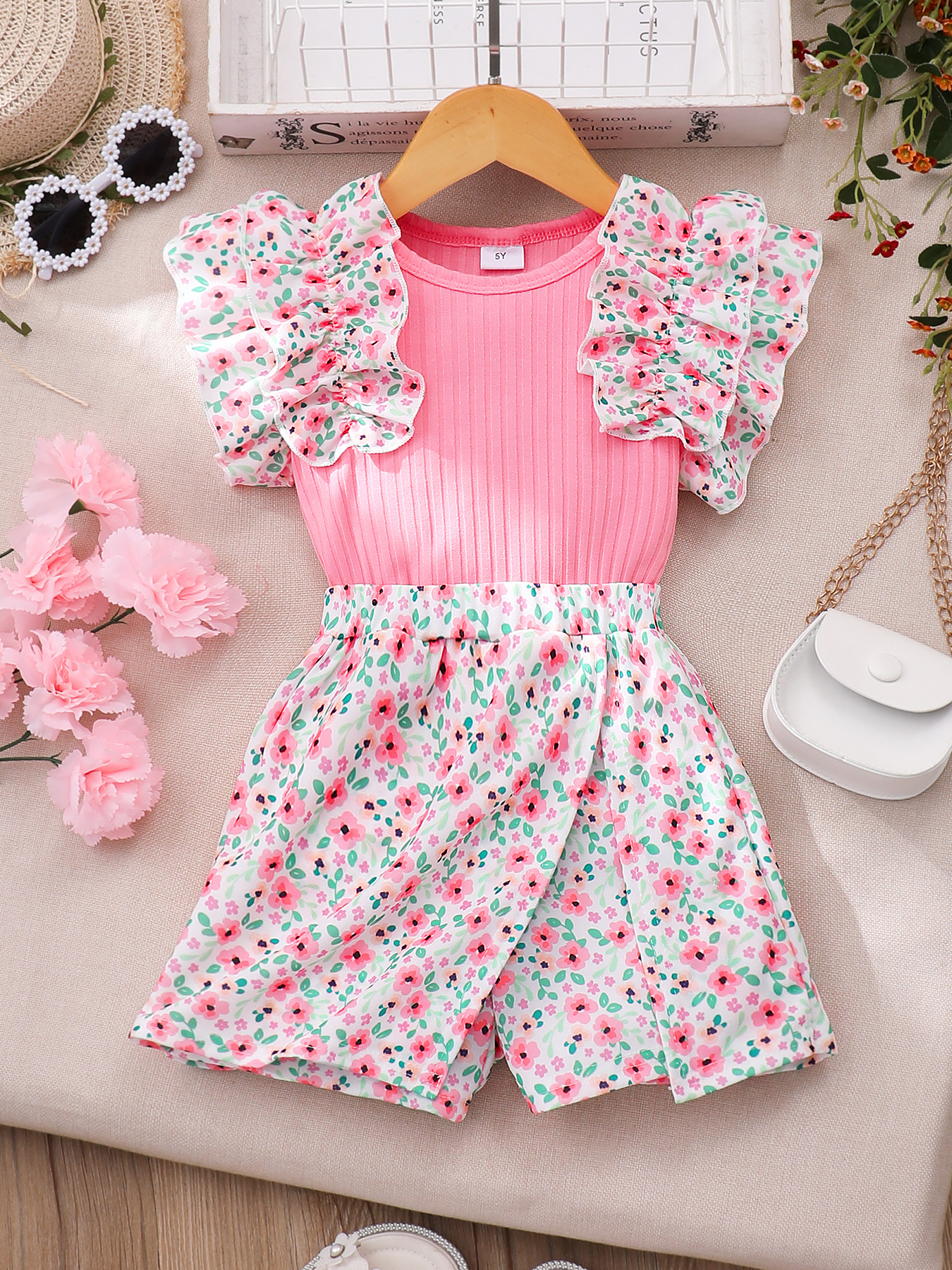 Girls' (Small) Two-Piece Set, Floral Double-Layer Ruffled Pit-Strip Top Floral Short Duplex Children's Embroidery - Image 3