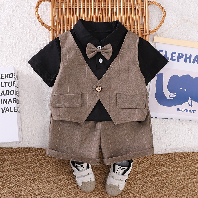Boys Summer Plaid Bow Tie Vest Short-Sleeved Fashionable Baby Boy Casual Two-Piece Summer Boy and Kidsren Suit - Image 2