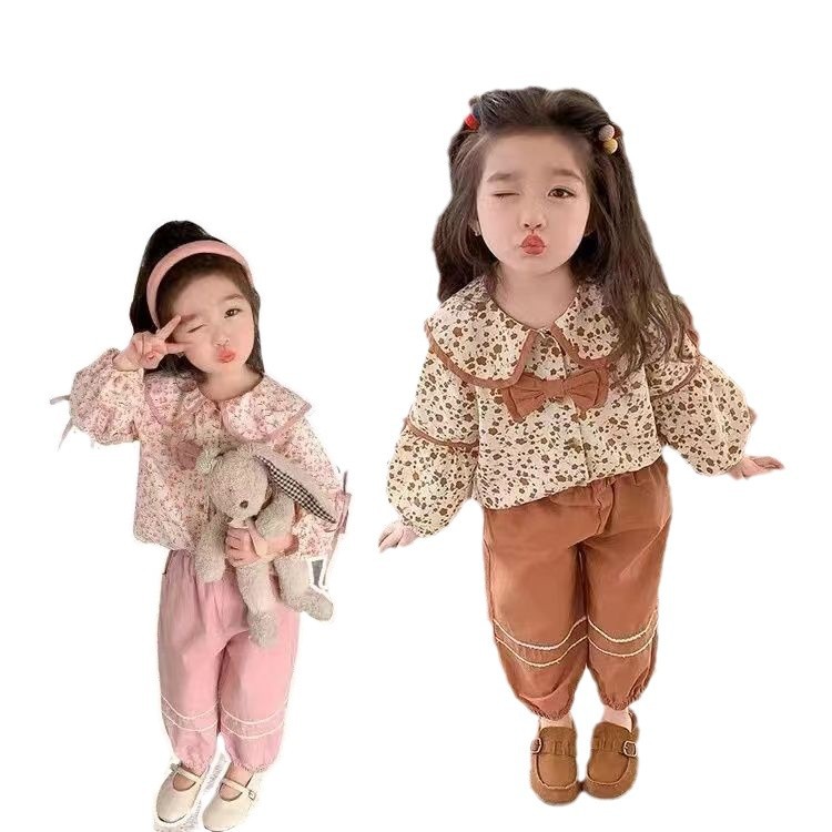 Girls Floral Suit Autumn and Winter 2023 Spring & Fall New Style Baby Girl Doll Collar Shirt Two-Piece Thin Set - Image 5
