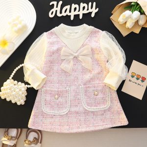 2025 Spring and Autumn New Korean Style Chanel Style Girl's dress Fake Two-piece Baby Girl Princess Dress Puff Sleeve Dress