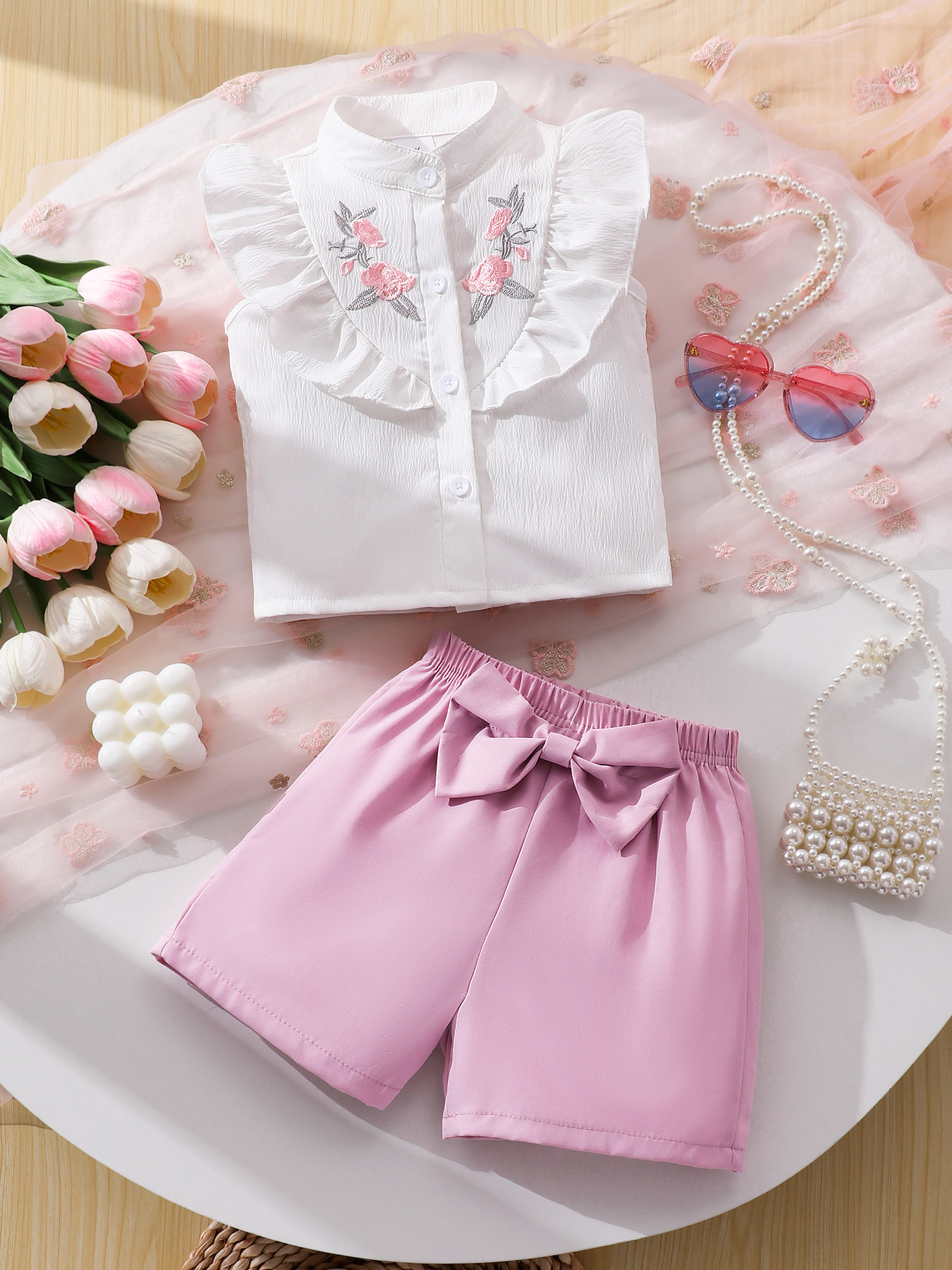 Girls' (Small) Two-Piece Set, Floral Double-Layer Ruffled Pit-Strip Top Floral Short Duplex Children's Embroidery - Image 2