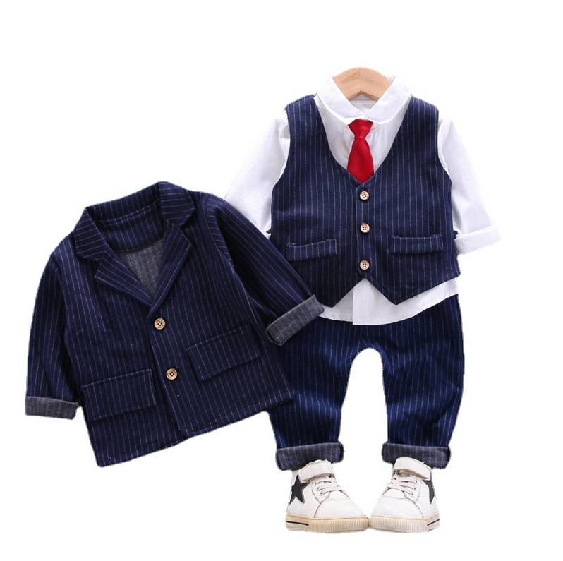 Korean Style Boys' Striped Suit Cardigan Spring Children's Tie Shirt Long-Sleeve Suit Vest Four-Piece Set Trendy Direct Sale - Image 5