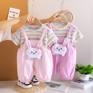 Baby Girl Overalls Suit Summer Style Girls Short-Sleeved Two-Piece Set 1-3 Years Old Baby Clothes Kidsren's Fashionable Kidsren's Clothing