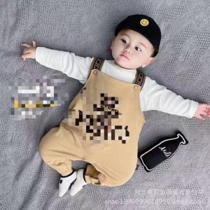 Baby Spring and Autumn Baby's Strap Pants Fashion Western-style All-match Bear Casual Two-piece suit Trendy for Boys and Girls