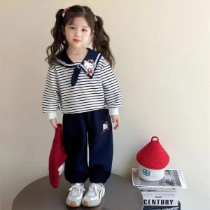 Girls Autumn Sweater Set Children's Cute Navy Collar Casual Top Baby Cartoon Striped Tie Sweater