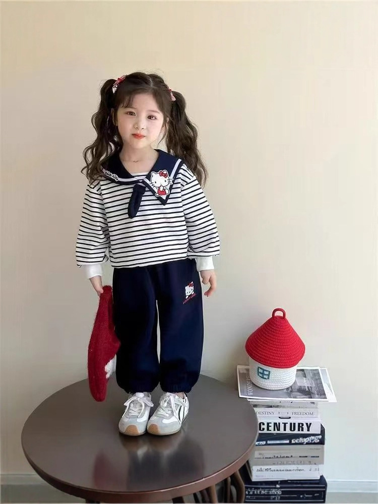 Girls Autumn Sweater Set Children's Cute Navy Collar Casual Top Baby Cartoon Striped Tie Sweater