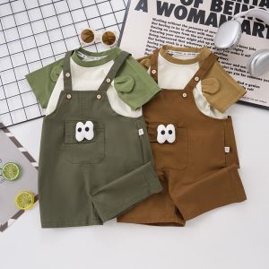 Children's Clothing for Boys and Girls Cartoon Suspender Shorts Two-Piece Set Baby Casual Round Neck Short-Sleeved Suit 2 Years Old Manufacturer Wholesale 3