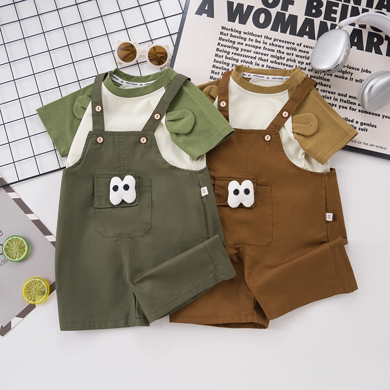Children's Clothing for Boys and Girls Cartoon Suspender Shorts Two-Piece Set Baby Casual Round Neck Short-Sleeved Suit 2 Years Old Manufacturer Wholesale 3