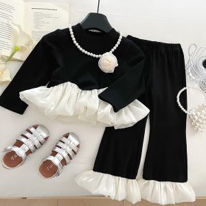 Autumn Girls' Outfit 2025 New Long-Sleeve Lace Top Children's Pants Stylish Two-Piece Set for Baby Girls Cross-Border