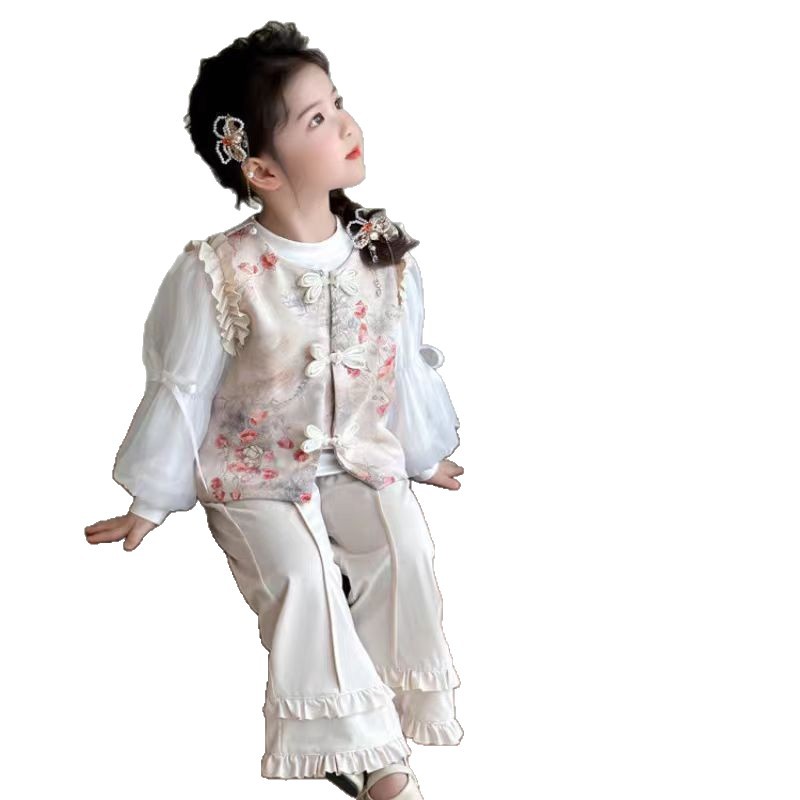 Girls' Autumn Outfit Three-Piece Set New Chinese Style Children's Trendy Suit Puff Sleeve Base Shirt Children's Pants - Image 5