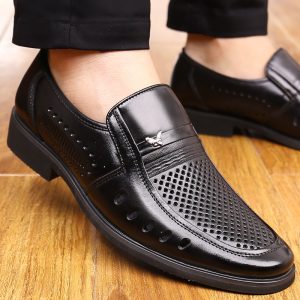 Wear-Resistant Non-Slip New Men's Leather Shoes Hollow Formal Business Shoes Round Toe Slip-On First Layer Cowhide