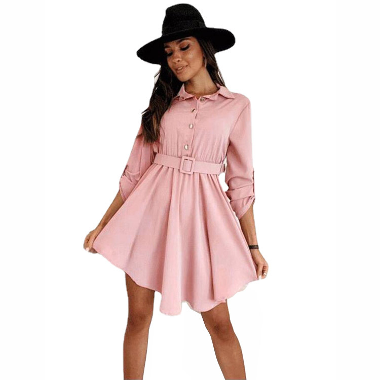 Spring New European and American Style Sleeve Waist Shirt Long Sleeve Solid Color Dress - Image 2