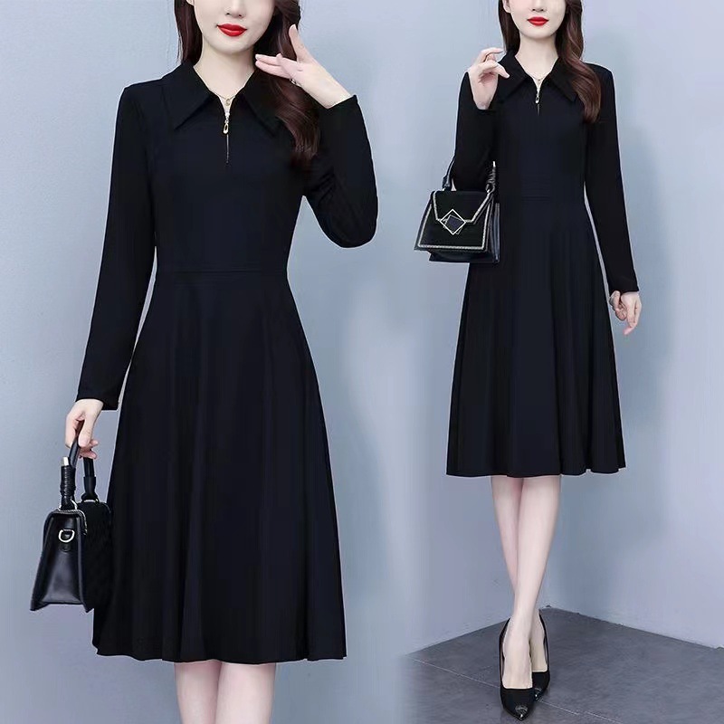 New Autumn Large Size Long-Sleeved Polo Collar Black Bottoming Dress Fat mm Waist Slimming Look Mid-Length Skirt - Image 4