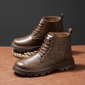 2025 Autumn and Winter Men's Shoes, Cotton Boots, Outdoor Work Boots, Large Leather Boots, Winter High-Top Lace-Up Bright Leather Surface Plus Velvet Protection