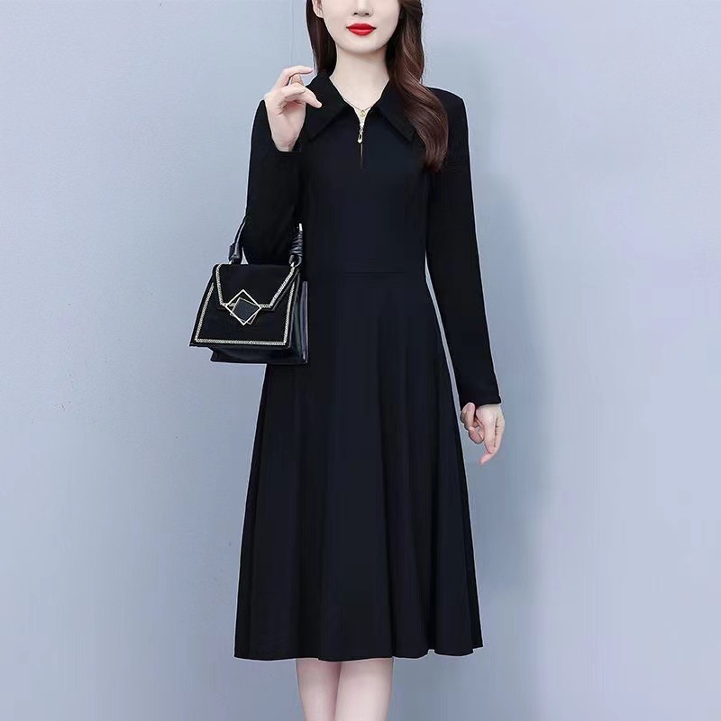New Autumn Large Size Long-Sleeved Polo Collar Black Bottoming Dress Fat mm Waist Slimming Look Mid-Length Skirt - Image 2