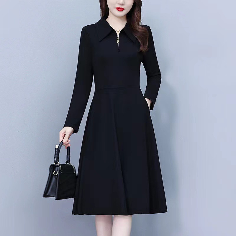 New Autumn Large Size Long-Sleeved Polo Collar Black Bottoming Dress Fat mm Waist Slimming Look Mid-Length Skirt