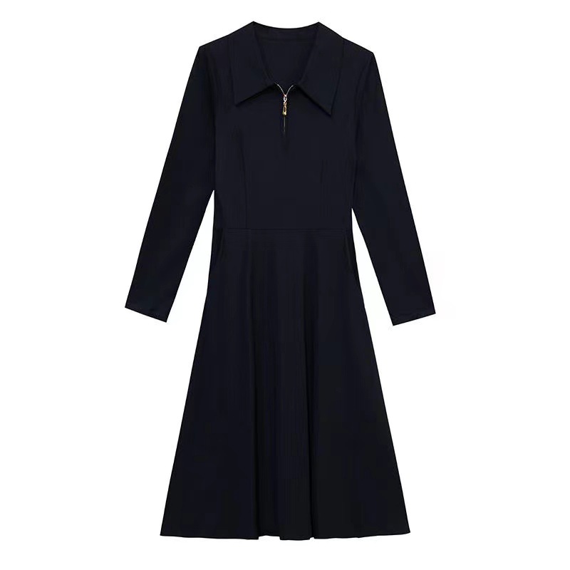 New Autumn Large Size Long-Sleeved Polo Collar Black Bottoming Dress Fat mm Waist Slimming Look Mid-Length Skirt - Image 5