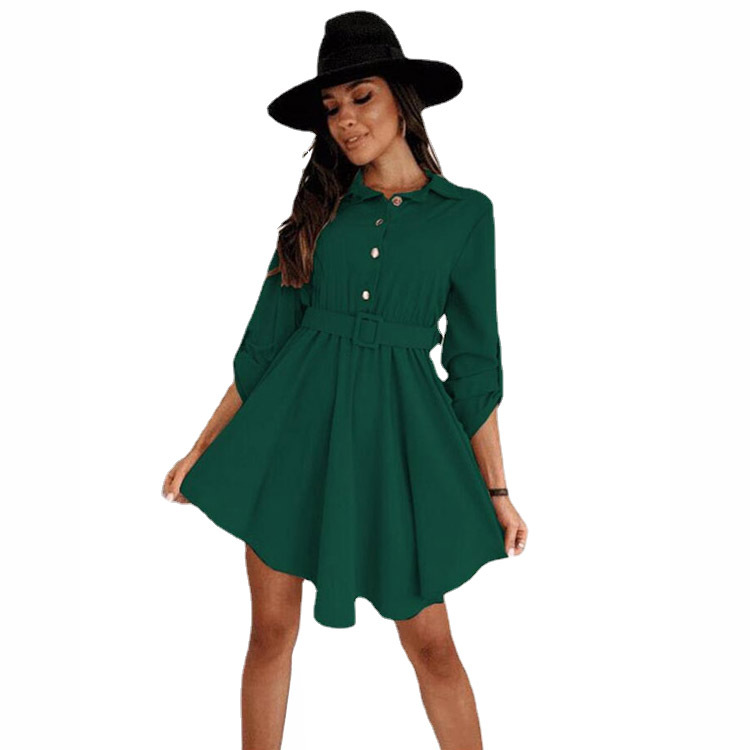 Spring New European and American Style Sleeve Waist Shirt Long Sleeve Solid Color Dress - Image 5
