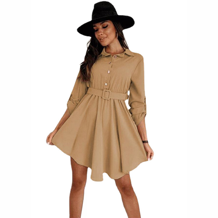 Spring New European and American Style Sleeve Waist Shirt Long Sleeve Solid Color Dress - Image 3