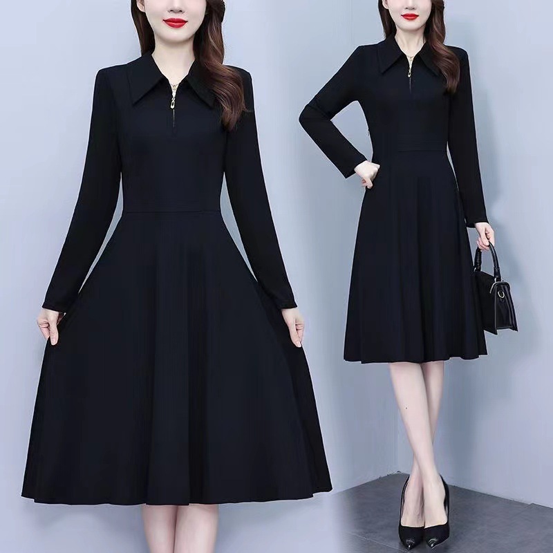 New Autumn Large Size Long-Sleeved Polo Collar Black Bottoming Dress Fat mm Waist Slimming Look Mid-Length Skirt - Image 3