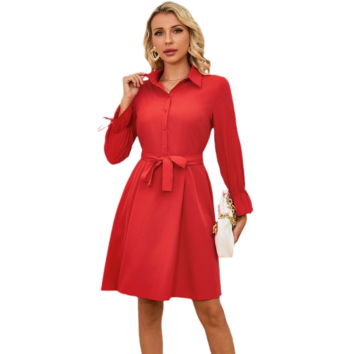 New Arrival Dress Fashion Slim-fit Long Sleeve Mid-length dress Elegant Red Women's Shirt Dress - Image 5