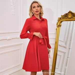New Arrival Dress Fashion Slim-fit Long Sleeve Mid-length dress Elegant Red Women's Shirt Dress