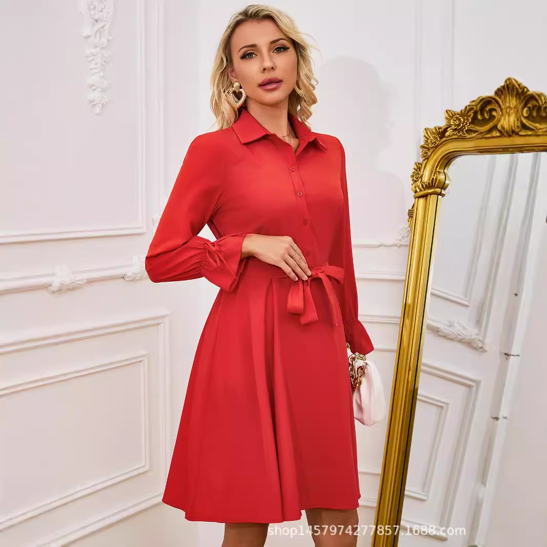 New Arrival Dress Fashion Slim-fit Long Sleeve Mid-length dress Elegant Red Women's Shirt Dress