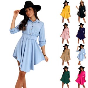 Spring New European and American Style Sleeve Waist Shirt Long Sleeve Solid Color Dress