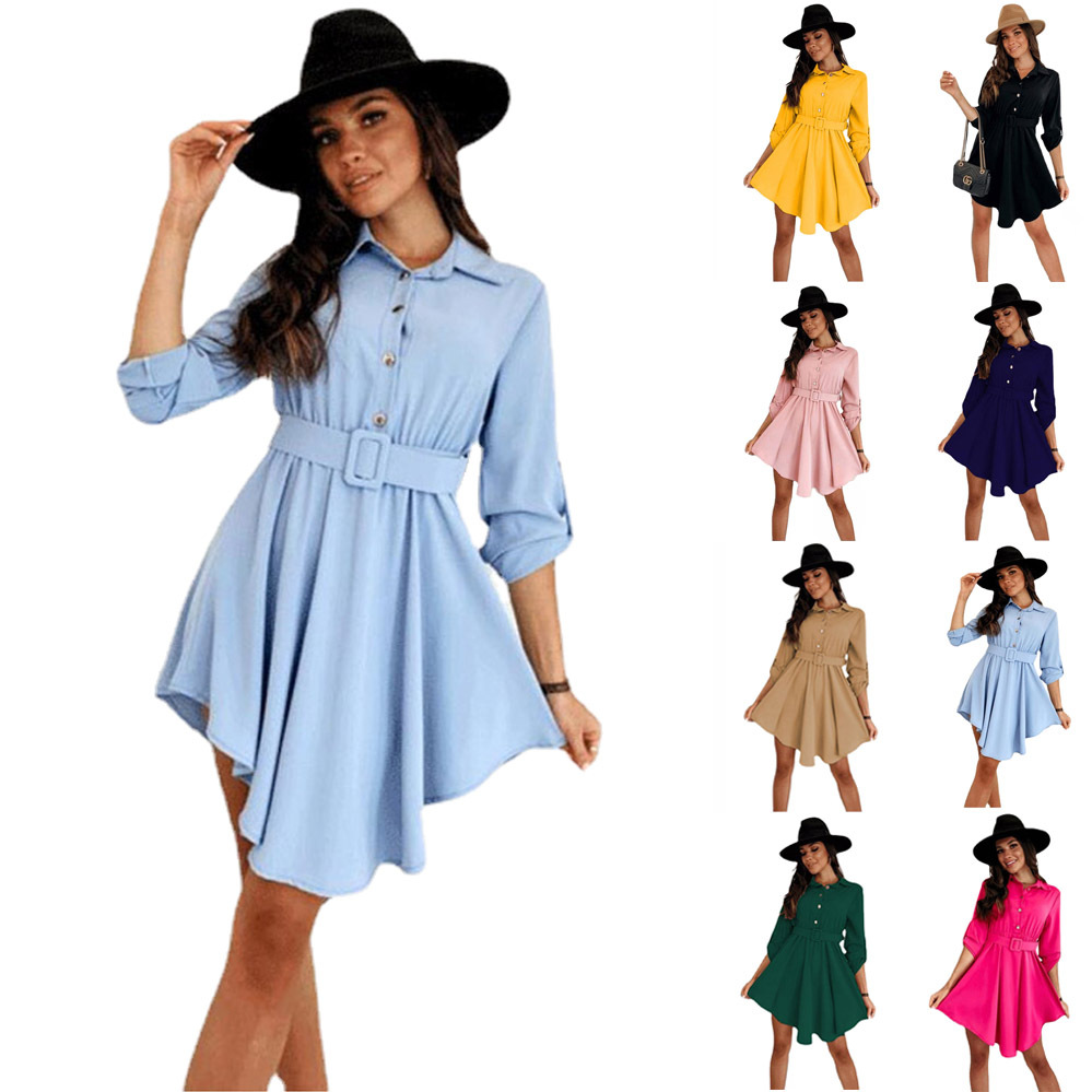Spring New European and American Style Sleeve Waist Shirt Long Sleeve Solid Color Dress