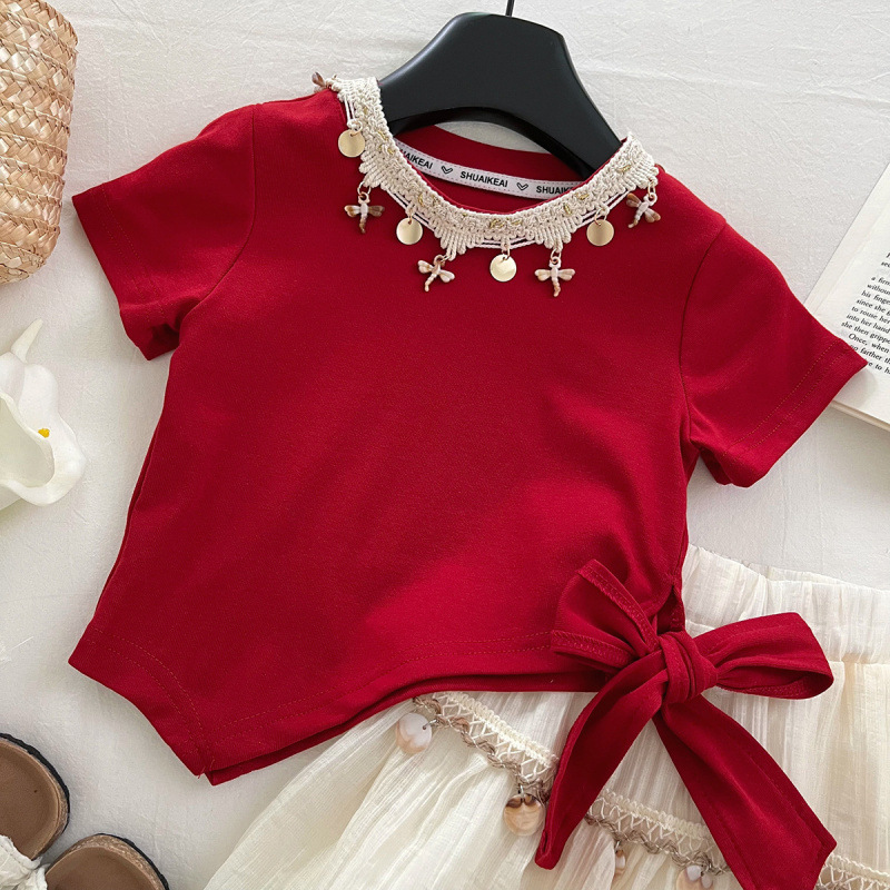 Skirt Suit Summer Trendy Children Girls Irregular Short Sleeve T-Shirt Two-Piece Set - Image 2