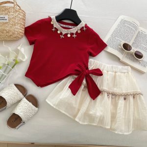 Skirt Suit Summer Trendy Children Girls Irregular Short Sleeve T-Shirt Two-Piece Set