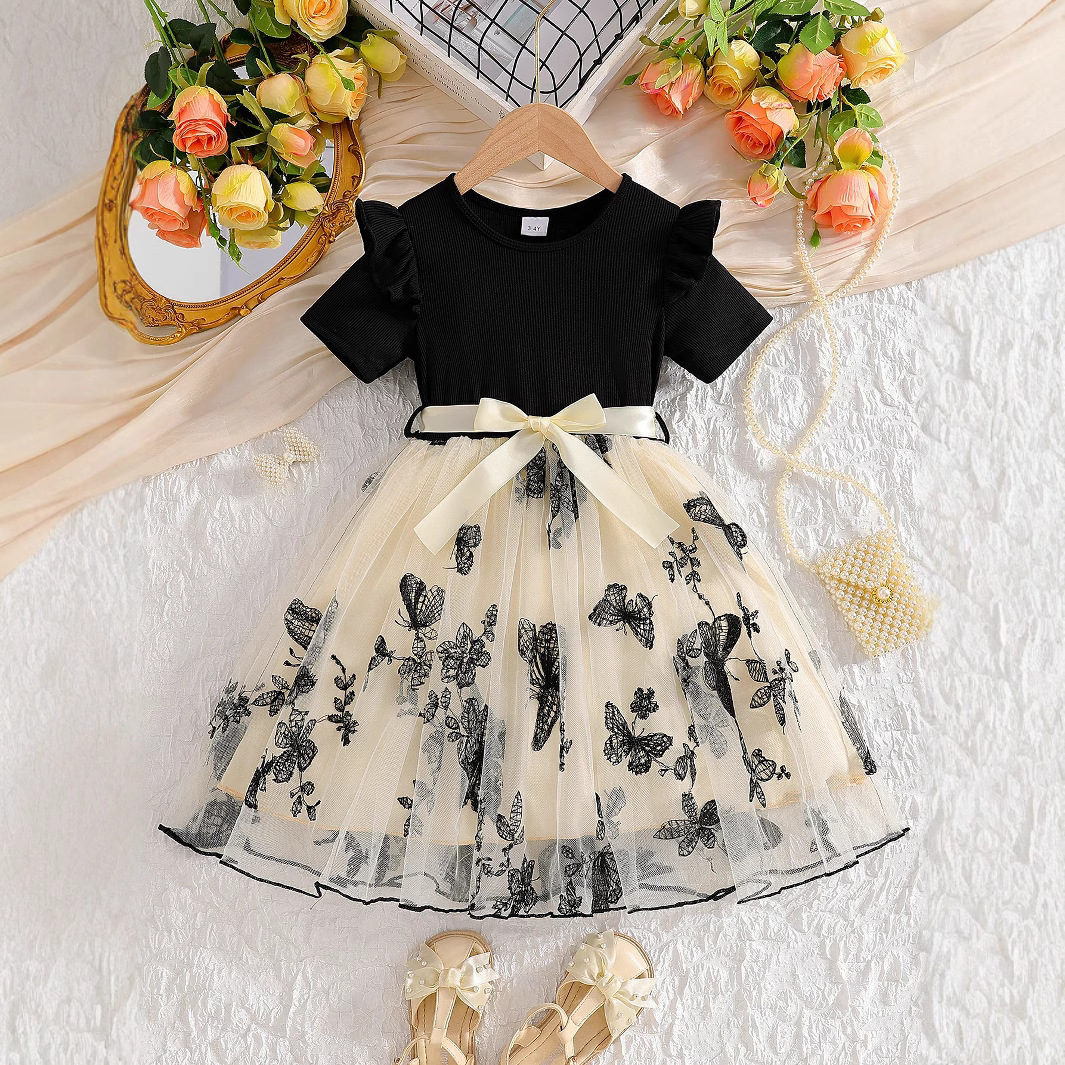 Children's Clothing Girls' Pit Strips Embroidered Flower Mesh Dress with Belt - Image 2